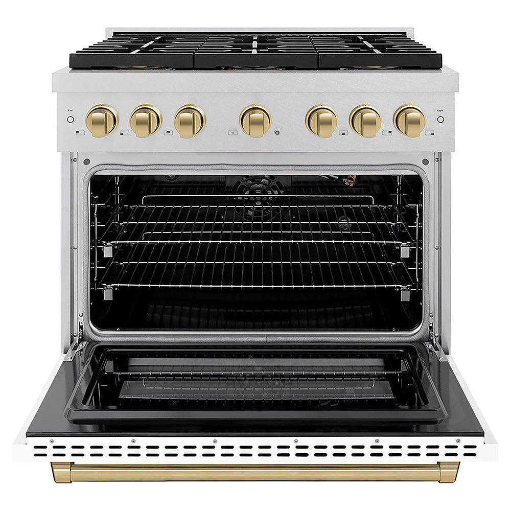 ZLINE Autograph Edition 36 in. 5.2 cu. ft. Paramount Gas Range with 6 Burner DuoPro™ Cooktop and Convection Gas Oven in Satin Stainless Steel with White Matte Door and Champagne Bronze Accents, Open Box-Good Condition