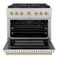 ZLINE Autograph Edition 36 in. 5.2 cu. ft. Paramount Gas Range with 6 Burner DuoPro™ Cooktop and Convection Gas Oven in Satin Stainless Steel with White Matte Door and Champagne Bronze Accents (PSGRSZ-WM-36-CB) front, oven open.