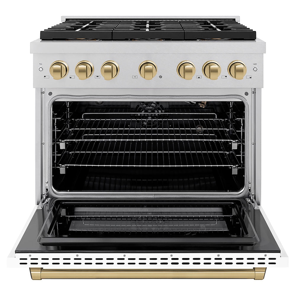 ZLINE Autograph Edition 36 in. 5.2 cu. ft. Paramount Gas Range with 6 Burner DuoPro™ Cooktop and Convection Gas Oven in Satin Stainless Steel with White Matte Door and Champagne Bronze Accents (PSGRSZ-WM-36-CB) front, oven open.