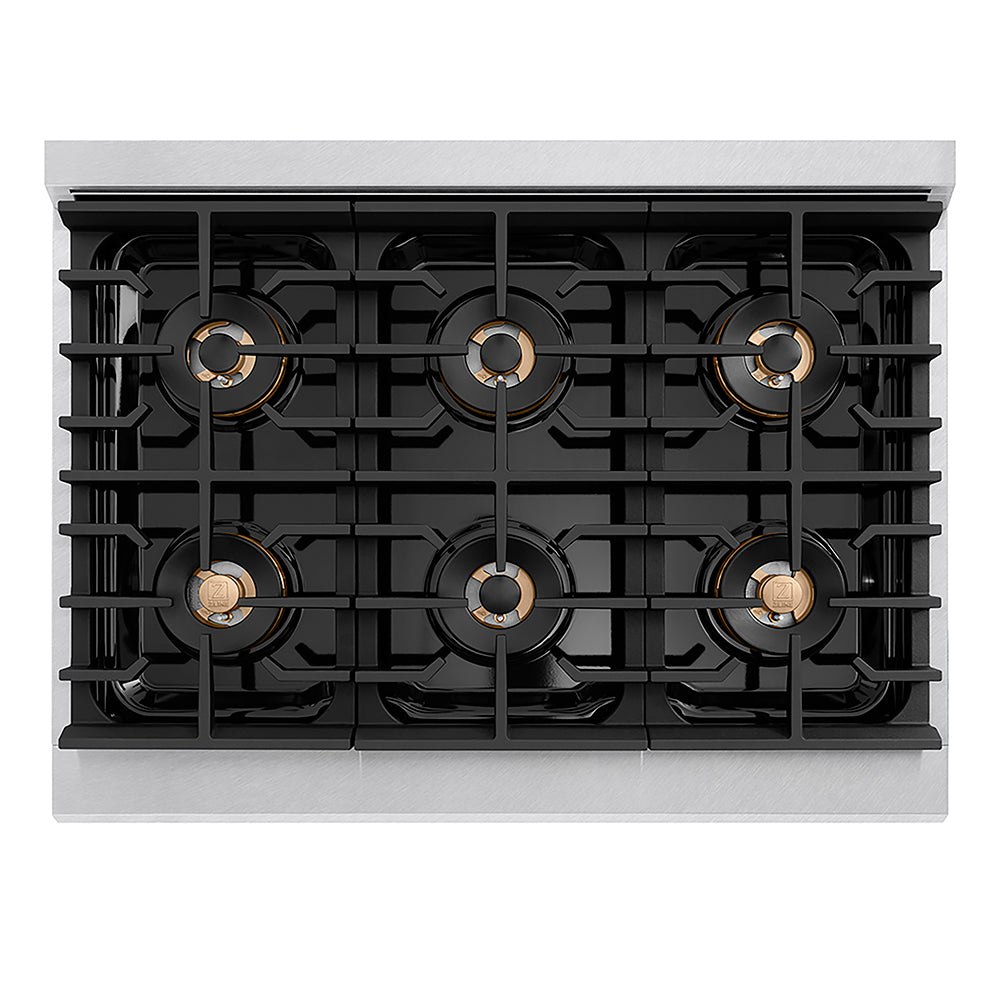ZLINE Autograph Edition 36 in. 5.2 cu. ft. Paramount Gas Range with 6 Burner DuoPro™ Cooktop and Convection Gas Oven in Satin Stainless Steel with White Matte Door and Champagne Bronze Accents, Open Box-Good Condition