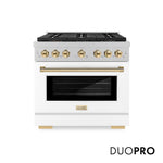 ZLINE Autograph Edition 36 in. 5.2 cu. ft. Paramount Gas Range with 6 Burner DuoPro™ Cooktop and Convection Gas Oven in Satin Stainless Steel with White Matte Door and Polished Gold Accents (PSGRSZ-WM-36-G) front, with DuoPro™ logo.