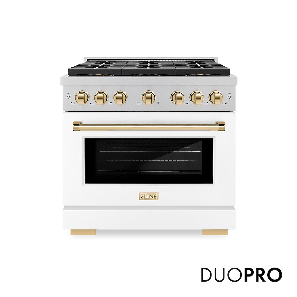 ZLINE Autograph Edition 36 in. 5.2 cu. ft. Paramount Gas Range with 6 Burner DuoPro™ Cooktop and Convection Gas Oven in Satin Stainless Steel with White Matte Door and Polished Gold Accents (PSGRSZ-WM-36-G) front, with DuoPro™ logo.