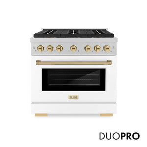 ZLINE Autograph Edition 36 in. 5.2 cu. ft. Paramount Gas Range with 6 Burner DuoPro™ Cooktop and Convection Gas Oven in Satin Stainless Steel with White Matte Door and Polished Gold Accents, Open Box-Great Condition main image.
