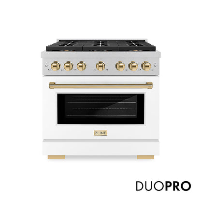 ZLINE Autograph Edition 36 in. 5.2 cu. ft. Paramount Gas Range with 6 Burner DuoPro™ Cooktop and Convection Gas Oven in Satin Stainless Steel with White Matte Door and Polished Gold Accents, Open Box-Great Condition