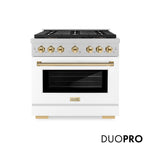 ZLINE Autograph Edition 36 in. 5.2 cu. ft. Paramount Gas Range with 6 Burner DuoPro™ Cooktop and Convection Gas Oven in Satin Stainless Steel with White Matte Door and Polished Gold Accents, Open Box-Good Condition