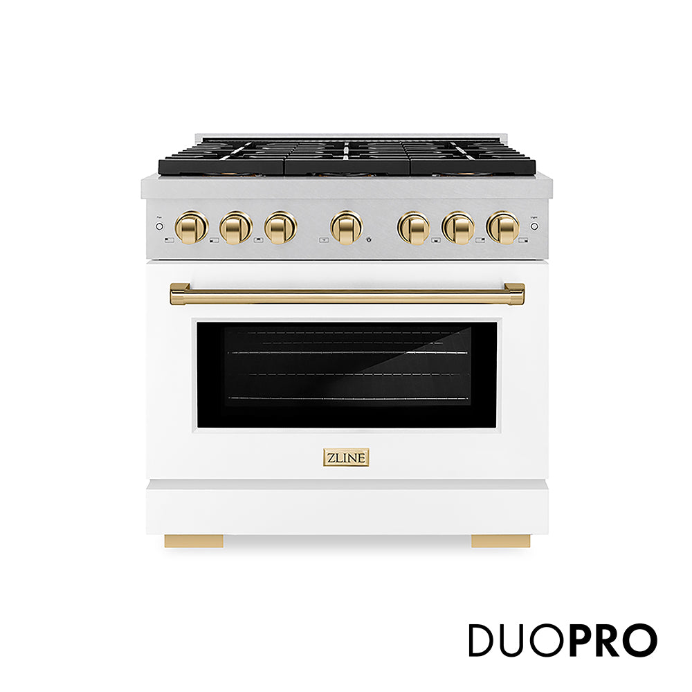 ZLINE Autograph Edition 36 in. 5.2 cu. ft. Paramount Gas Range with 6 Burner DuoPro™ Cooktop and Convection Gas Oven in Satin Stainless Steel with White Matte Door and Polished Gold Accents, Open Box-Good Condition