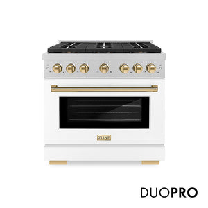 ZLINE Autograph Edition 36 in. 5.2 cu. ft. Paramount Gas Range with 6 Burner DuoPro™ Cooktop and Convection Gas Oven in Satin Stainless Steel with White Matte Door and Polished Gold Accents, Open Box-Good Condition main image.