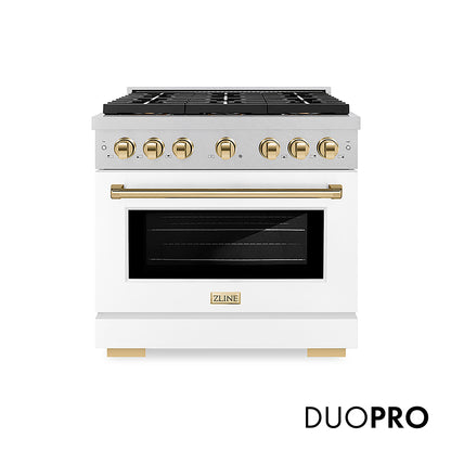 ZLINE Autograph Edition 36 in. 5.2 cu. ft. Paramount Gas Range with 6 Burner DuoPro™ Cooktop and Convection Gas Oven in Satin Stainless Steel with White Matte Door and Polished Gold Accents, Open Box-Good Condition