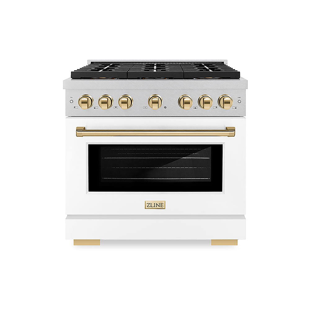 ZLINE Autograph Edition 36 in. 5.2 cu. ft. Paramount Gas Range with 6 Burner DuoPro™ Cooktop and Convection Gas Oven in Satin Stainless Steel with White Matte Door and Polished Gold Accents, Open Box-Good Condition