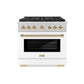 ZLINE Autograph Edition 36 in. 5.2 cu. ft. Paramount Gas Range with 6 Burner DuoPro™ Cooktop and Convection Gas Oven in Satin Stainless Steel with White Matte Door and Polished Gold Accents (PSGRSZ-WM-36-G) front.