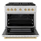 ZLINE Autograph Edition 36 in. 5.2 cu. ft. Paramount Gas Range with 6 Burner DuoPro™ Cooktop and Convection Gas Oven in Satin Stainless Steel with White Matte Door and Polished Gold Accents (PSGRSZ-WM-36-G) front, oven open.