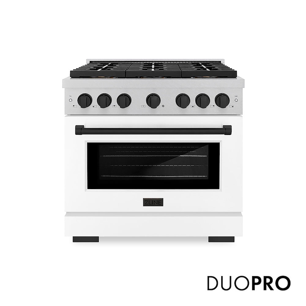 ZLINE Autograph Edition 36 in. 5.2 cu. ft. Paramount Gas Range with 6 Burner DuoPro™ Cooktop and Convection Gas Oven in Satin Stainless Steel with White Matte Door and Matte Black Accents (PSGRSZ-WM-36-MB) front, with DuoPro™ logo.