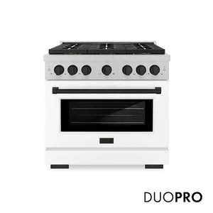 ZLINE Autograph Edition 36 in. 5.2 cu. ft. Paramount Gas Range with 6 Burner DuoPro™ Cooktop and Convection Gas Oven in Satin Stainless Steel with White Matte Door and Matte Black Accents (PSGRSZ-WM-36-MB) main image.