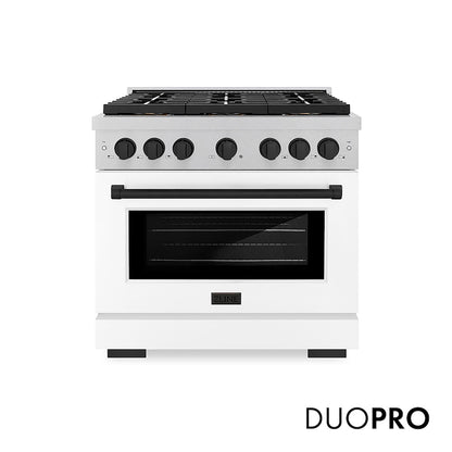 ZLINE Autograph Edition 36 in. 5.2 cu. ft. Paramount Gas Range with 6 Burner DuoPro™ Cooktop and Convection Gas Oven in Satin Stainless Steel with White Matte Door and Matte Black Accents (PSGRSZ-WM-36-MB) front, with DuoPro™ logo.