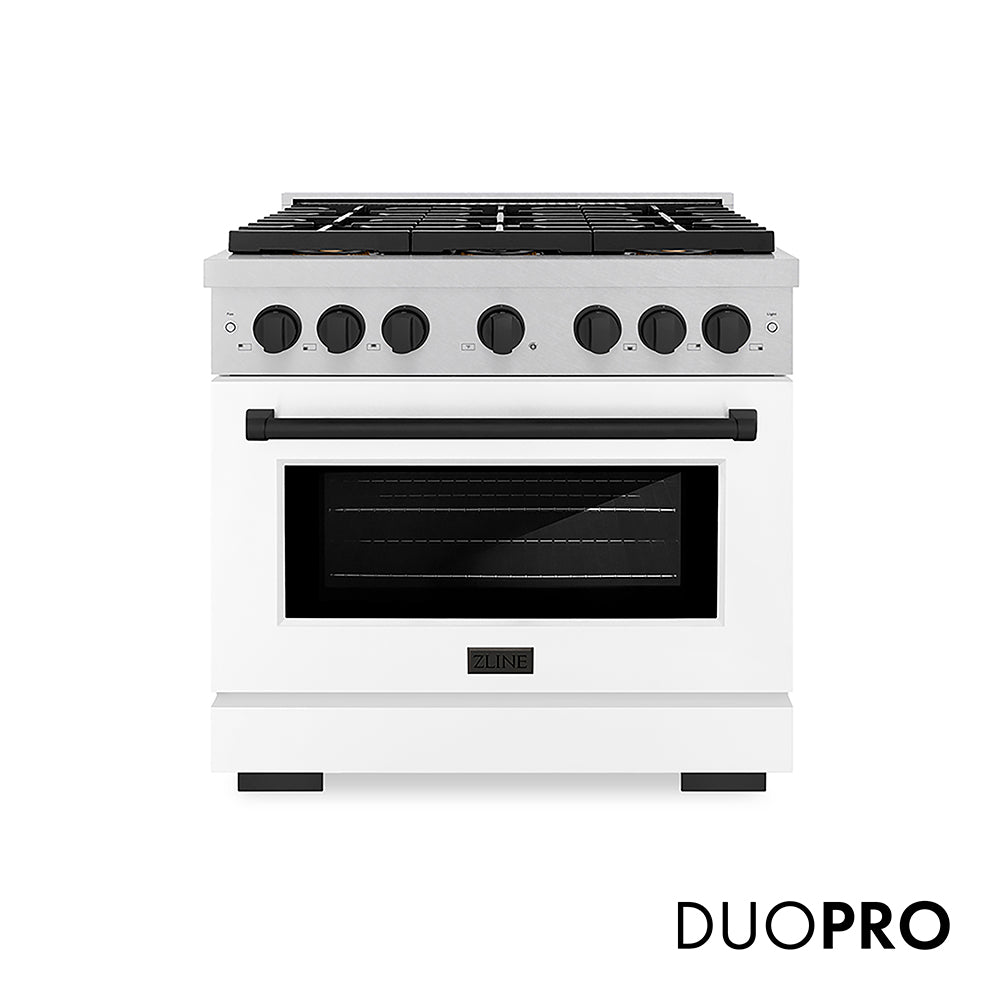 ZLINE Autograph Edition 36 in. 5.2 cu. ft. Paramount Gas Range with 6 Burner DuoPro™ Cooktop and Convection Gas Oven in Satin Stainless Steel with White Matte Door and Matte Black Accents, Open Box-Good Condition