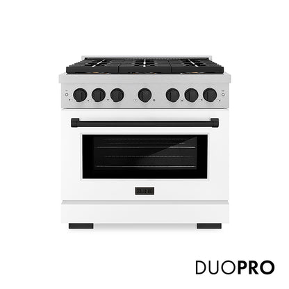 ZLINE Autograph Edition 36 in. 5.2 cu. ft. Paramount Gas Range with 6 Burner DuoPro™ Cooktop and Convection Gas Oven in Satin Stainless Steel with White Matte Door and Matte Black Accents, Open Box-Good Condition