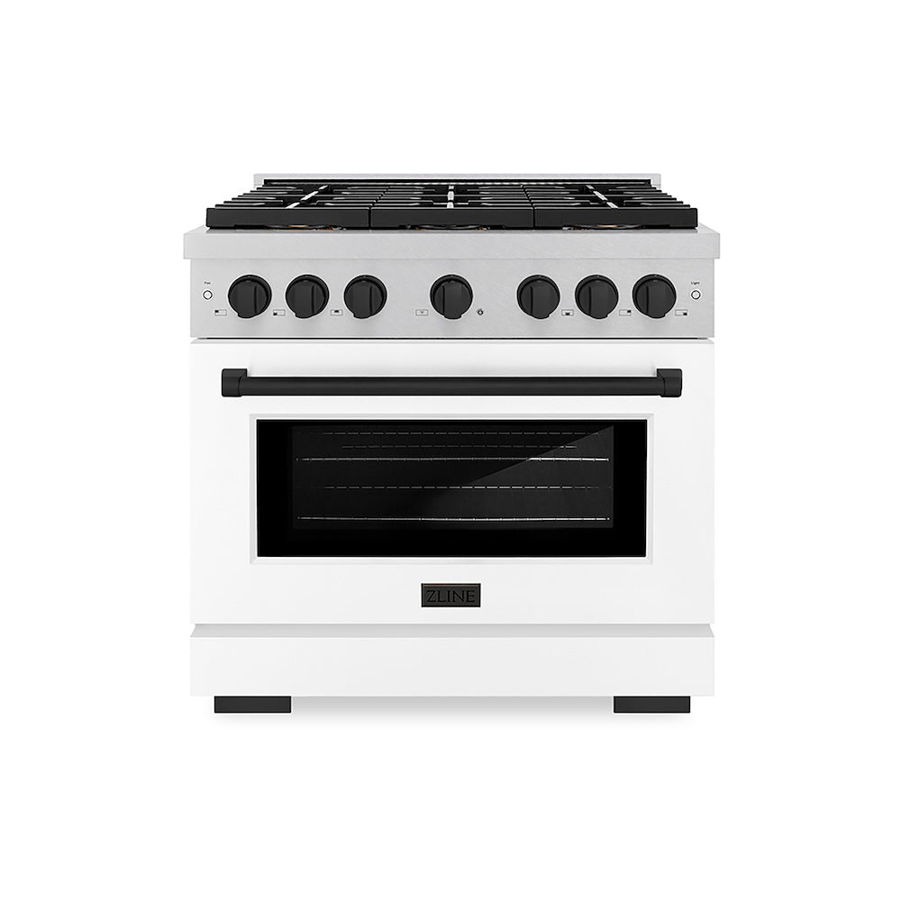 ZLINE Autograph Edition 36 in. 5.2 cu. ft. Paramount Gas Range with 6 Burner DuoPro™ Cooktop and Convection Gas Oven in Satin Stainless Steel with White Matte Door and Matte Black Accents (PSGRSZ-WM-36-MB) front.