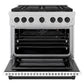 ZLINE Autograph Edition 36 in. 5.2 cu. ft. Paramount Gas Range with 6 Burner DuoPro™ Cooktop and Convection Gas Oven in Satin Stainless Steel with White Matte Door and Matte Black Accents (PSGRSZ-WM-36-MB) front, oven open.