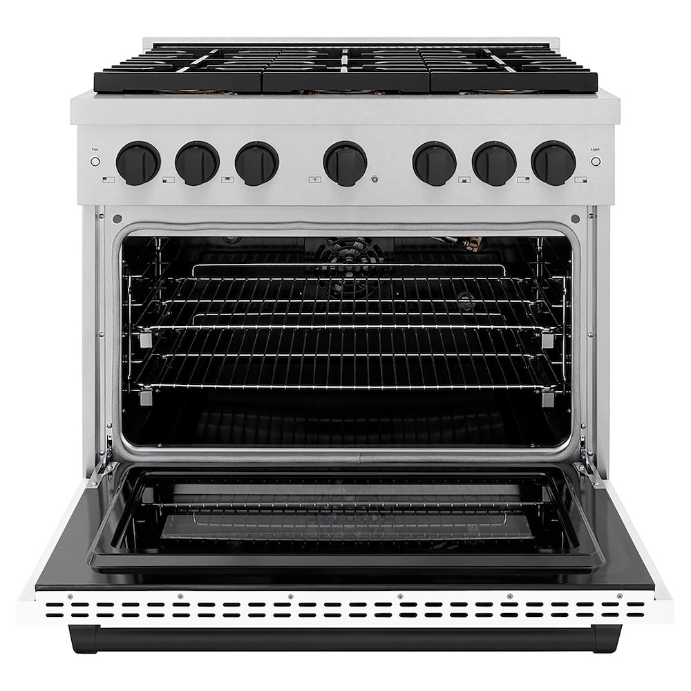 ZLINE Autograph Edition 36 in. 5.2 cu. ft. Paramount Gas Range with 6 Burner DuoPro™ Cooktop and Convection Gas Oven in Satin Stainless Steel with White Matte Door and Matte Black Accents (PSGRSZ-WM-36-MB) front, oven open.