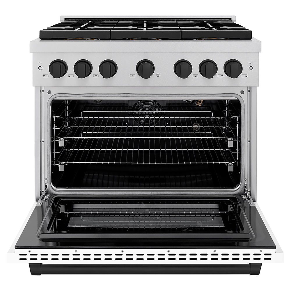 ZLINE Autograph Edition 36 in. 5.2 cu. ft. Paramount Gas Range with 6 Burner DuoPro™ Cooktop and Convection Gas Oven in Satin Stainless Steel with White Matte Door and Matte Black Accents, Open Box-Good Condition