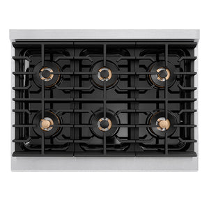 ZLINE Autograph Edition 36 in. 5.2 cu. ft. Paramount Gas Range with 6 Burner DuoPro™ Cooktop and Convection Gas Oven in Satin Stainless Steel with White Matte Door and Matte Black Accents (PSGRSZ-WM-36-MB) top-down, above cooktop.