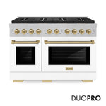 ZLINE Autograph Edition 48 in. 6.7 cu. ft. Paramount Gas Range with 8 Burner DuoPro™ Cooktop and Dual Ovens in Satin Stainless Steel with White Matte Doors and Champagne Bronze Accents, Open Box-Good Condition