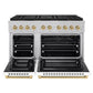 ZLINE Autograph Edition 48 in. 6.7 cu. ft. Paramount Gas Range with 8 Burner DuoPro™ Cooktop and Dual Ovens in Satin Stainless Steel with White Matte Doors and Champagne Bronze Accents (PSGRSZ-WM-48-CB) front, oven open.