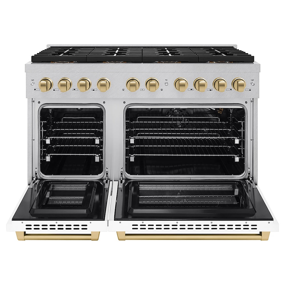 ZLINE Autograph Edition 48 in. 6.7 cu. ft. Paramount Gas Range with 8 Burner DuoPro™ Cooktop and Dual Ovens in Satin Stainless Steel with White Matte Doors and Champagne Bronze Accents (PSGRSZ-WM-48-CB) front, oven open.