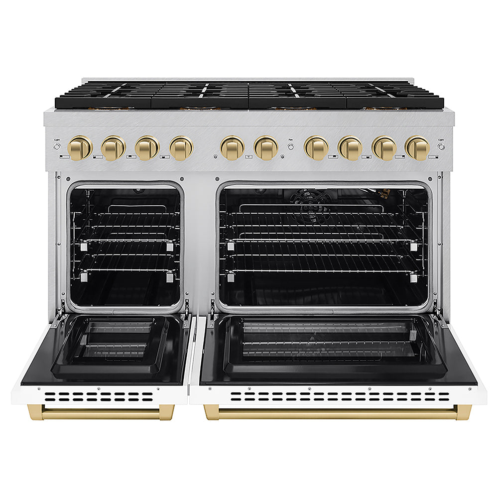 ZLINE Autograph Edition 48 in. 6.7 cu. ft. Paramount Gas Range with 8 Burner DuoPro™ Cooktop and Dual Ovens in Satin Stainless Steel with White Matte Doors and Champagne Bronze Accents, Open Box-Good Condition
