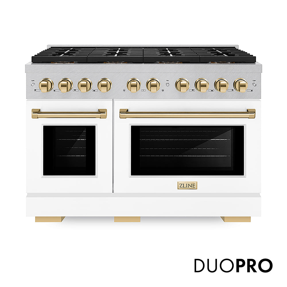 ZLINE Autograph Edition 48 in. 6.7 cu. ft. Paramount Gas Range with 8 Burner DuoPro™ Cooktop and Dual Ovens in Satin Stainless Steel with White Matte Doors and Polished Gold Accents, Open Box-Good Condition