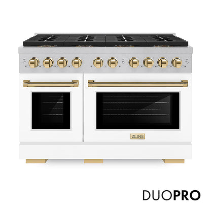 ZLINE Autograph Edition 48 in. 6.7 cu. ft. Paramount Gas Range with 8 Burner DuoPro™ Cooktop and Dual Ovens in Satin Stainless Steel with White Matte Doors and Polished Gold Accents, Open Box-Great Condition