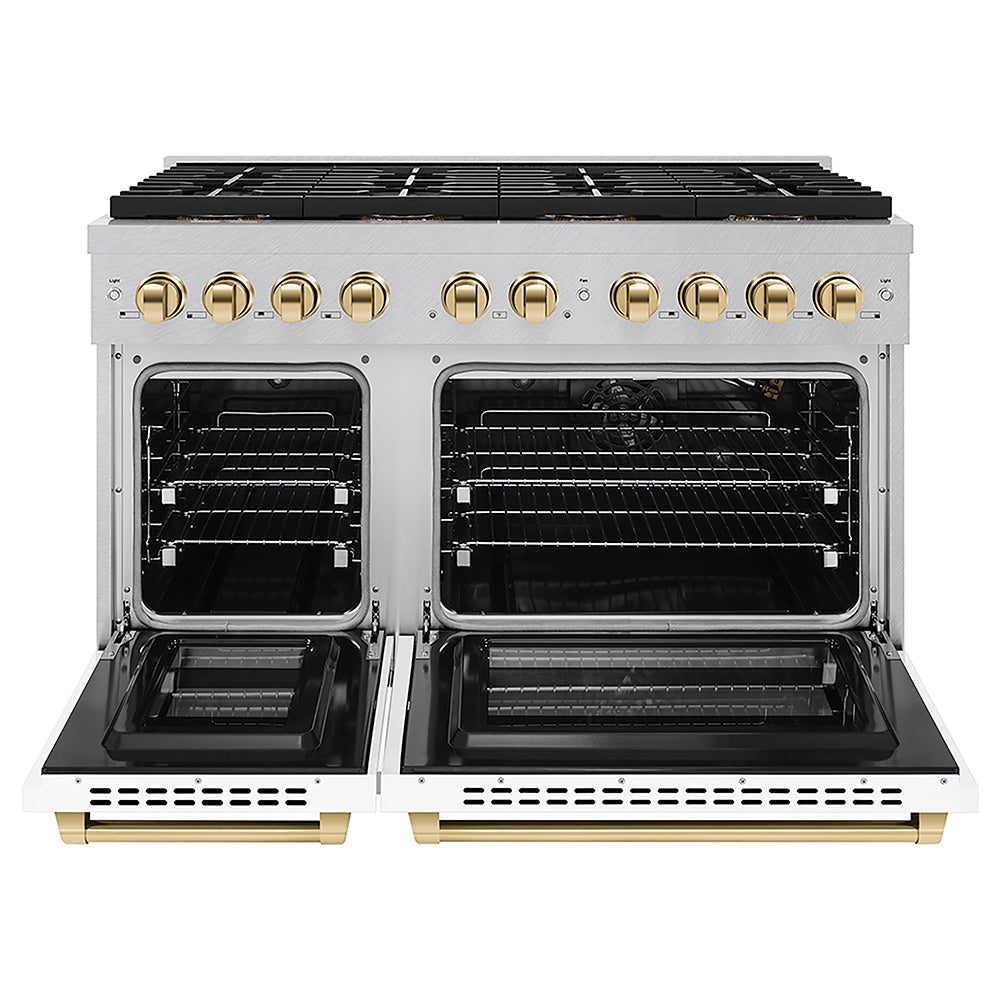 ZLINE Autograph Edition 48 in. 6.7 cu. ft. Paramount Gas Range with 8 Burner DuoPro™ Cooktop and Dual Ovens in Satin Stainless Steel with White Matte Doors and Polished Gold Accents, Open Box-Good Condition