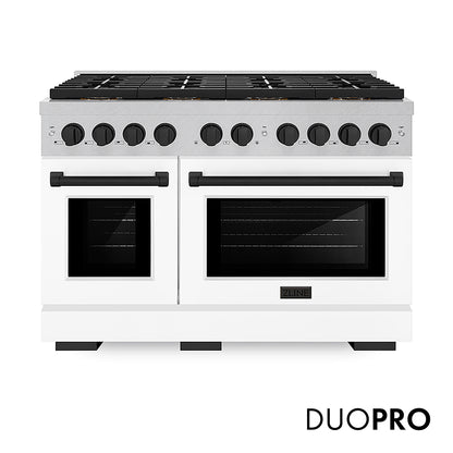 ZLINE Autograph Edition 48 in. 6.7 cu. ft. Paramount Gas Range with 8 Burner DuoPro™ Cooktop and Dual Ovens in Satin Stainless Steel with White Matte Doors and Matte Black Accents, Open Box-Good Condition