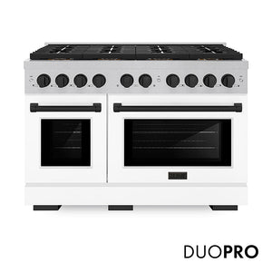 ZLINE Autograph Edition 48 in. 6.7 cu. ft. Paramount Gas Range with 8 Burner DuoPro™ Cooktop and Dual Ovens in Satin Stainless Steel with White Matte Doors and Matte Black Accents, Open Box-Great Condition main image.
