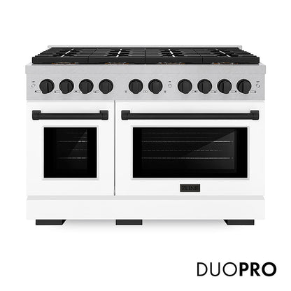ZLINE Autograph Edition 48 in. 6.7 cu. ft. Paramount Gas Range with 8 Burner DuoPro™ Cooktop and Dual Ovens in Satin Stainless Steel with White Matte Doors and Matte Black Accents, Open Box-Great Condition