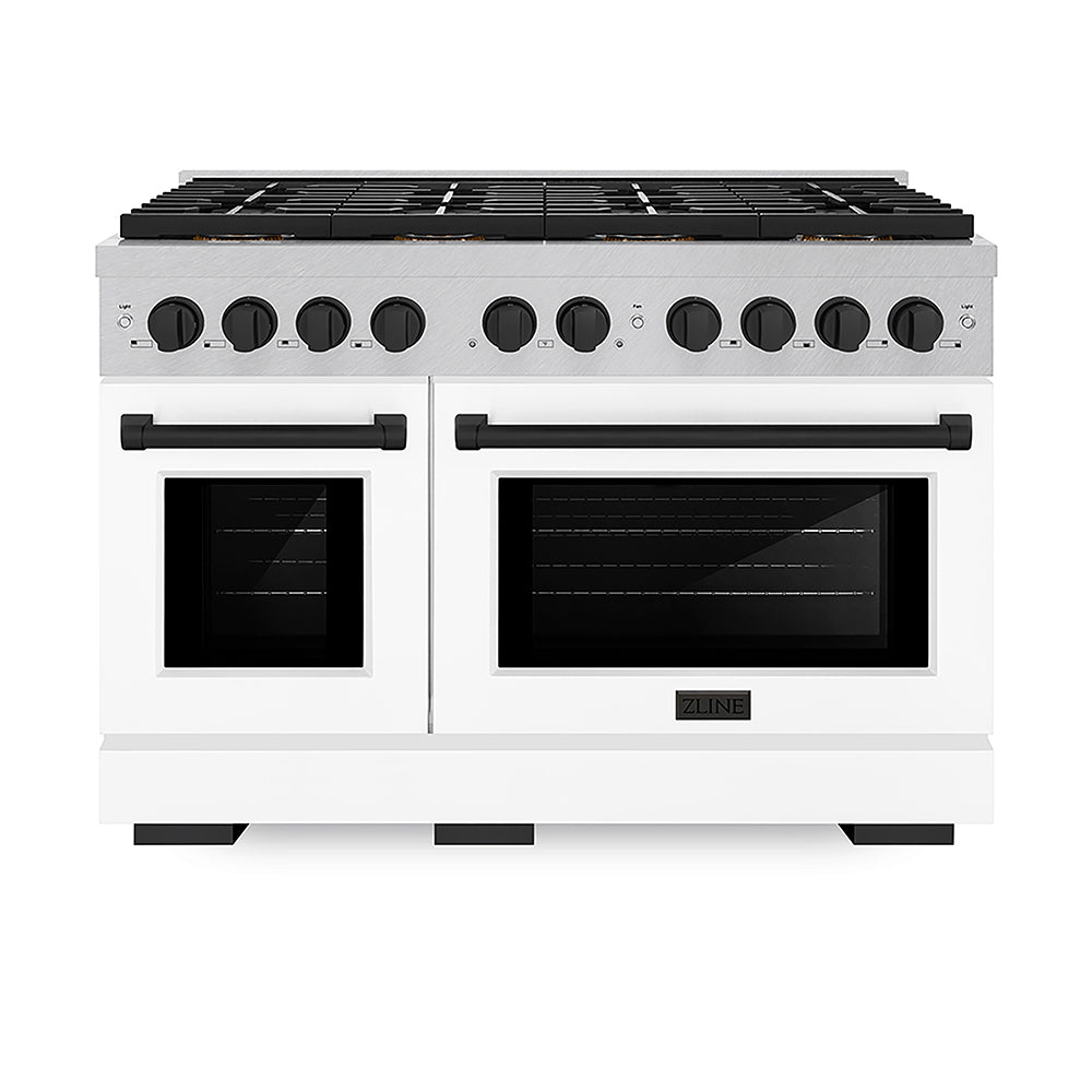 ZLINE Autograph Edition 48 in. 6.7 cu. ft. Paramount Gas Range with 8 Burner DuoPro™ Cooktop and Dual Ovens in Satin Stainless Steel with White Matte Doors and Matte Black Accents, Open Box-Good Condition