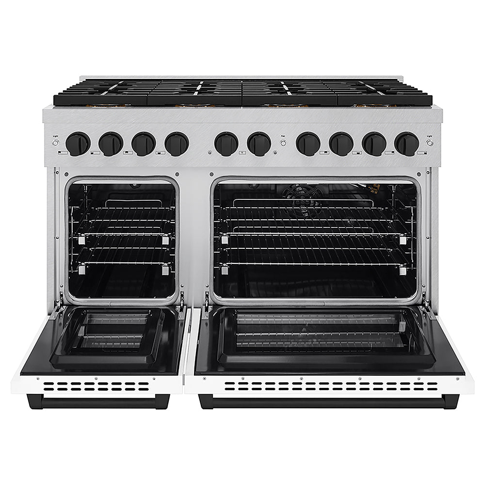 ZLINE Autograph Edition 48 in. 6.7 cu. ft. Paramount Gas Range with 8 Burner DuoPro™ Cooktop and Dual Ovens in Satin Stainless Steel with White Matte Doors and Matte Black Accents, Open Box-Good Condition