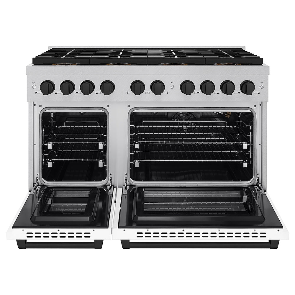 ZLINE Autograph Edition 48 in. 6.7 cu. ft. Paramount Gas Range with 8 Burner DuoPro™ Cooktop and Dual Ovens in Satin Stainless Steel with White Matte Doors and Matte Black Accents (PSGRSZ-WM-48-MB) front, oven open.