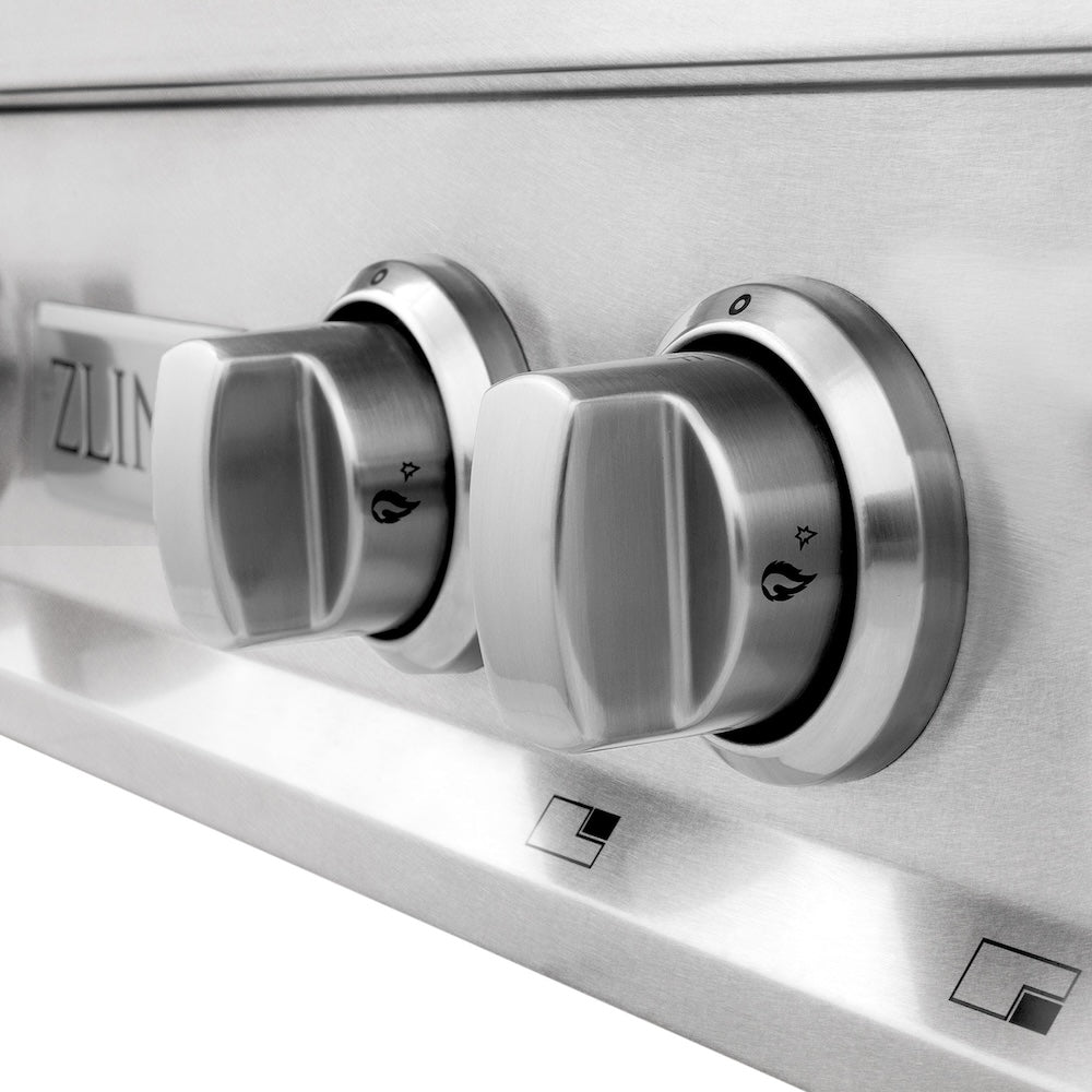 ZLINE 36 in. Legacy Gas Rangetop with 6 Burners and Porcelain Cooktop in Satin Stainless Steel (RTS-36) cooktop control knob.