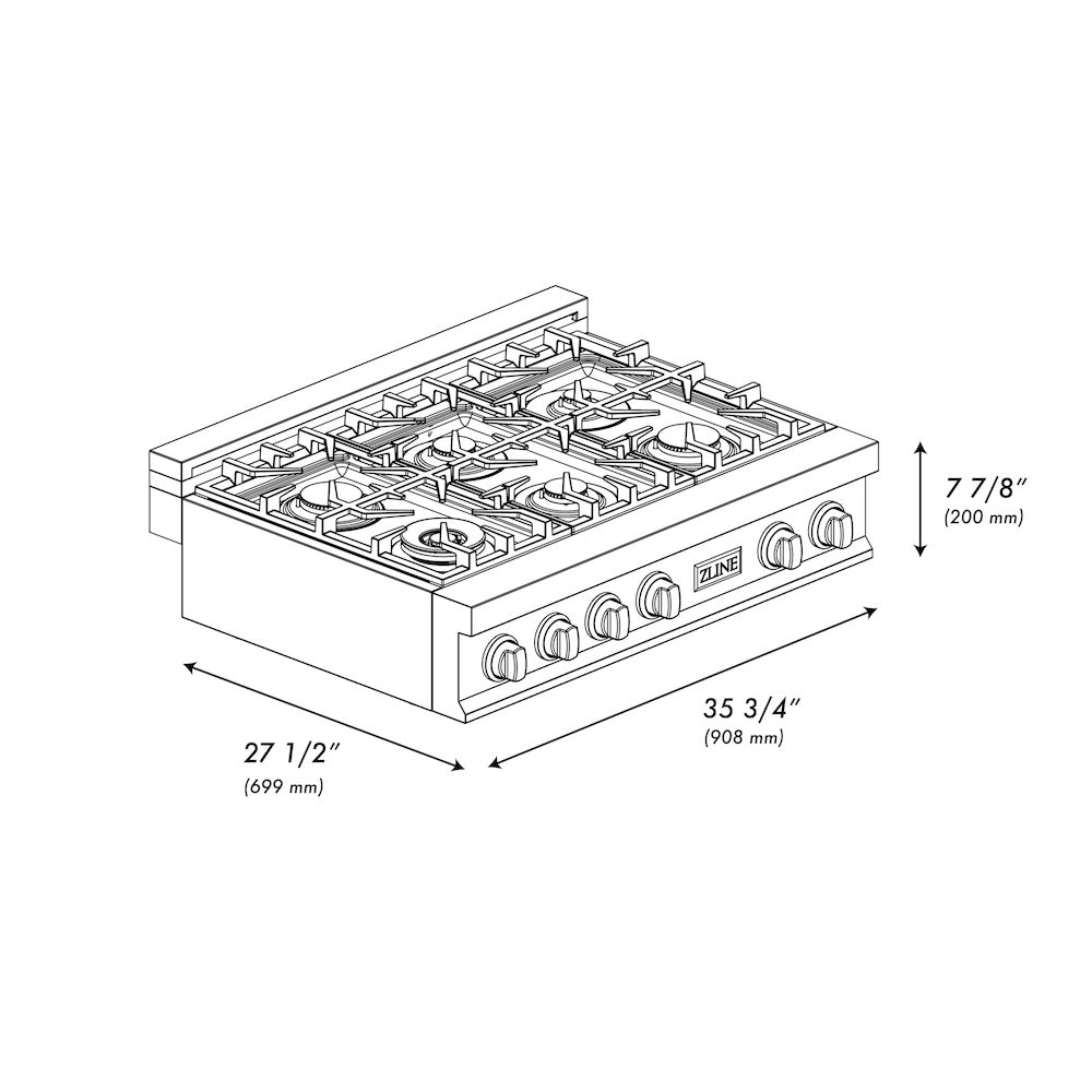ZLINE 36 in. Legacy Gas Rangetop with 6 Brass Burners and Porcelain Cooktop in Satin Stainless Steel (RTS-BR-36) dimensional diagram.