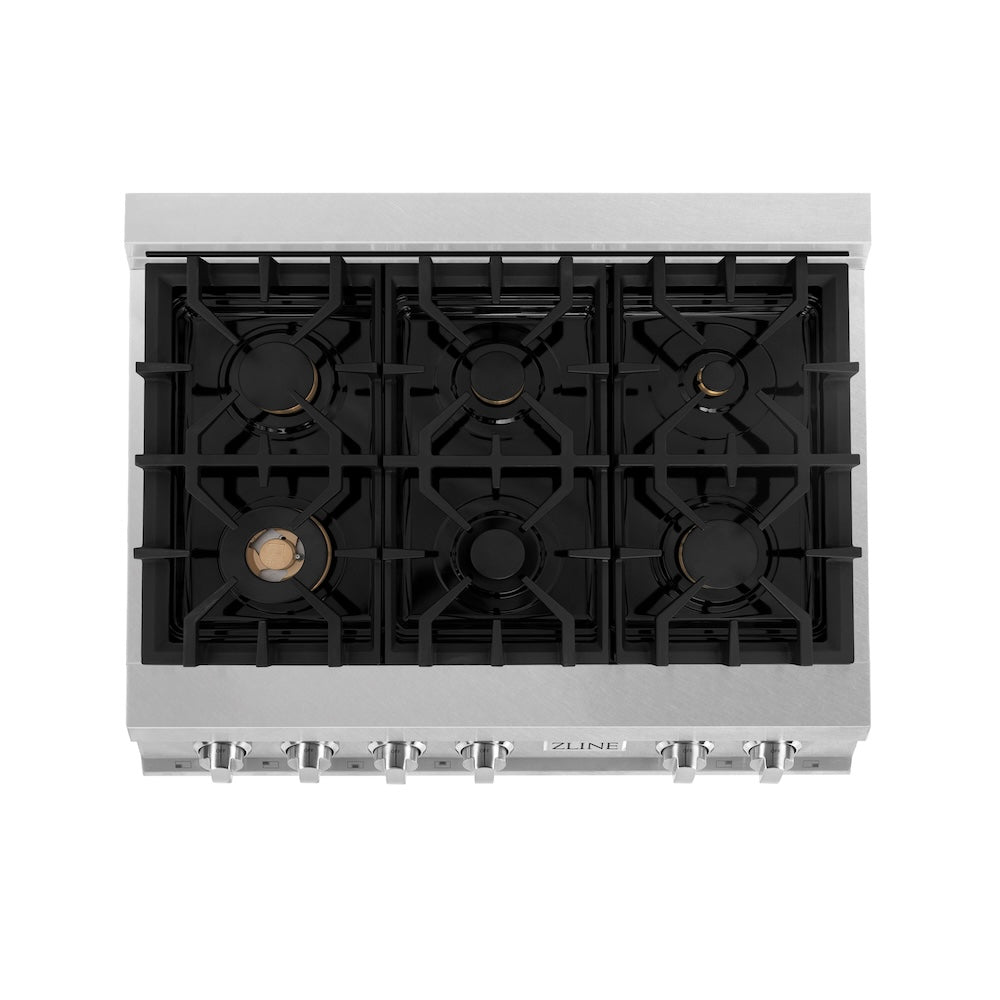 ZLINE 36 in. Legacy Gas Rangetop with 6 Brass Burners and Porcelain Cooktop in Satin Stainless Steel (RTS-BR-36) top-down, above cooktop.