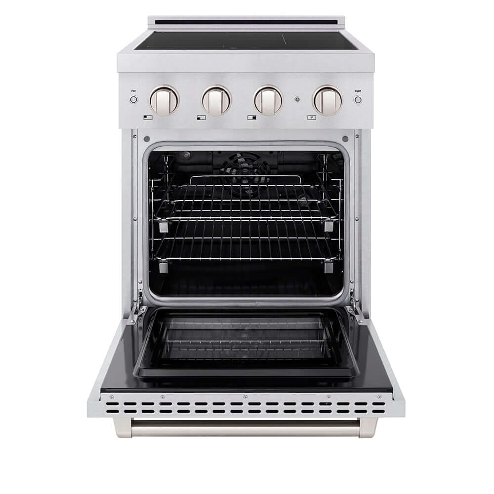 ZLINE 24 in. 3.2 cu. ft. Paramount Induction Range with 3 Element Cooktop and Electric Convection Oven in Satin Stainless Steel (SINRS-24) front, oven open.