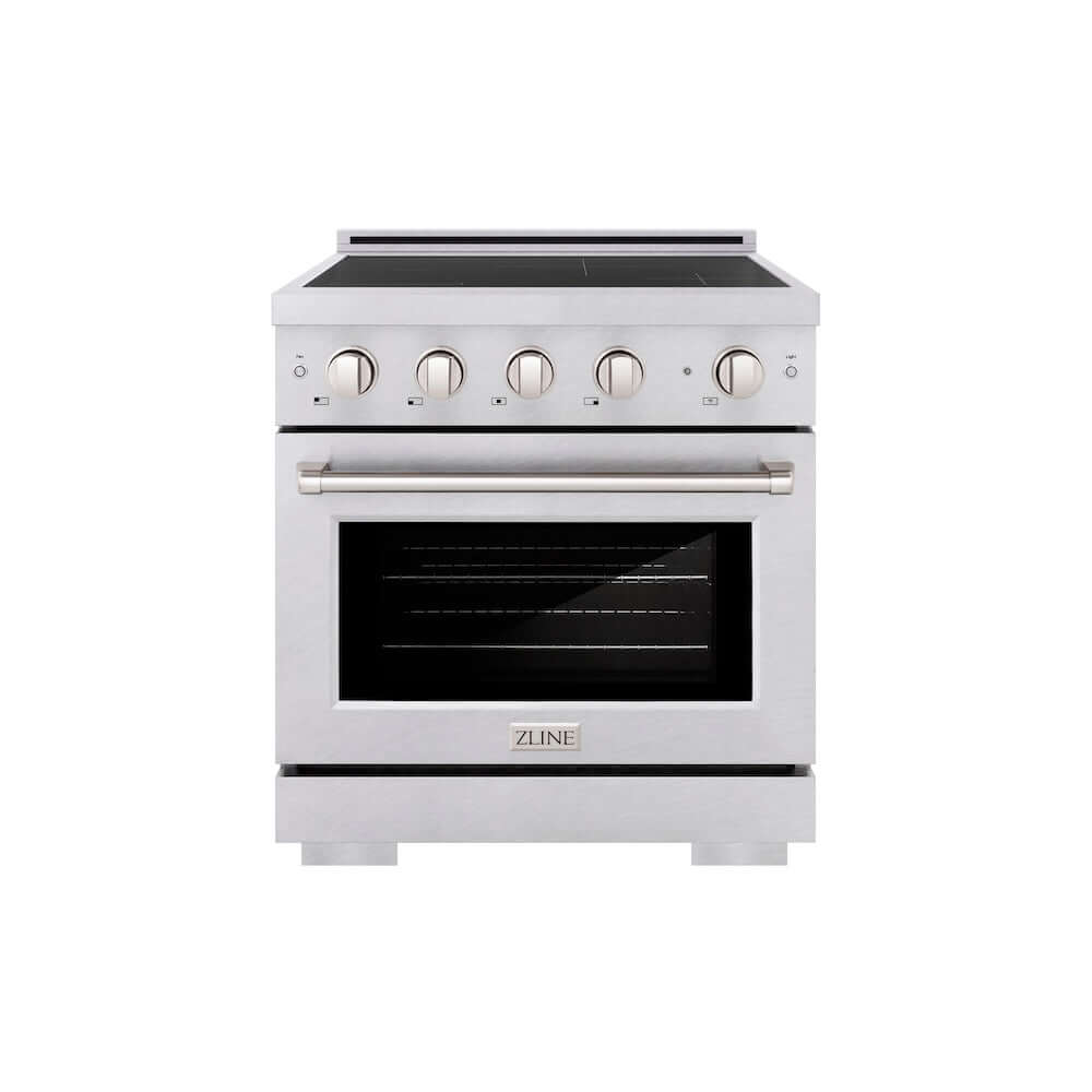 ZLINE 30 in. 4.2 cu. ft. Paramount Induction Range with 4 Element Cooktop and Electric Convection Oven in Satin Stainless Steel (SINRS-30) main image.