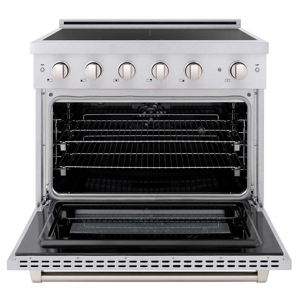 ZLINE 36 in. 5.2 cu. ft. Paramount Induction Range with 5 Element Cooktop and Electric Convection Oven in Satin Stainless Steel (SINRS-36) front, oven open.