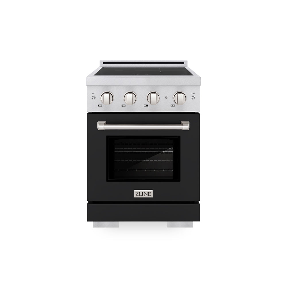 ZLINE 24 in. 3.2 cu. ft. Paramount Induction Range with 3 Element Cooktop and Electric Convection Oven in Satin Stainless Steel with Black Matte Door (SINRS-BLM-24) main image.