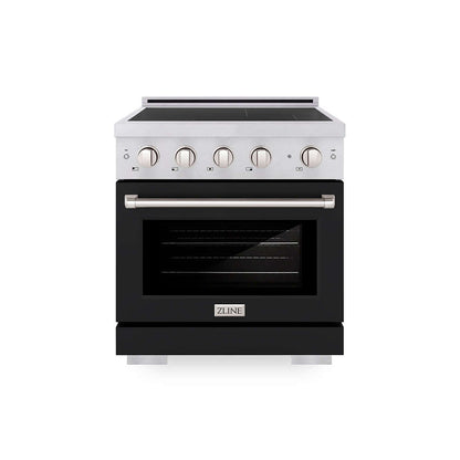 ZLINE 30 in. 4.2 cu. ft. Paramount Induction Range with 4 Element Cooktop and Electric Convection Oven in Satin Stainless Steel with Black Matte Door (SINRS-BLM-30) main image.