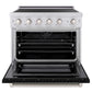 ZLINE 36 in. 5.2 cu. ft. Paramount Induction Range with 5 Element Cooktop and Electric Convection Oven in Satin Stainless Steel with Black Matte Door (SINRS-BLM-36) front, oven open.