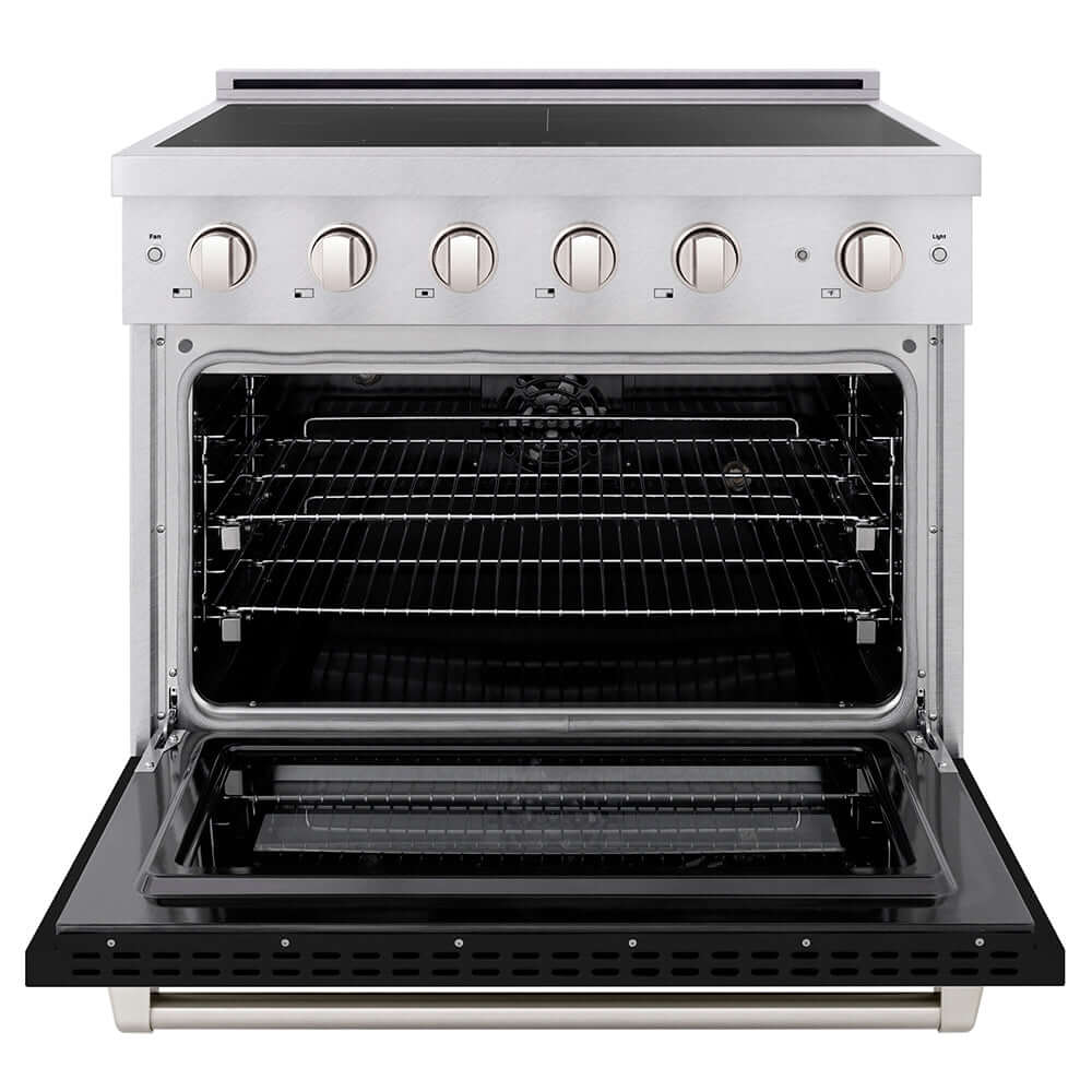ZLINE 36 in. 5.2 cu. ft. Paramount Induction Range with 5 Element Cooktop and Electric Convection Oven in Satin Stainless Steel with Black Matte Door (SINRS-BLM-36) front, oven open.