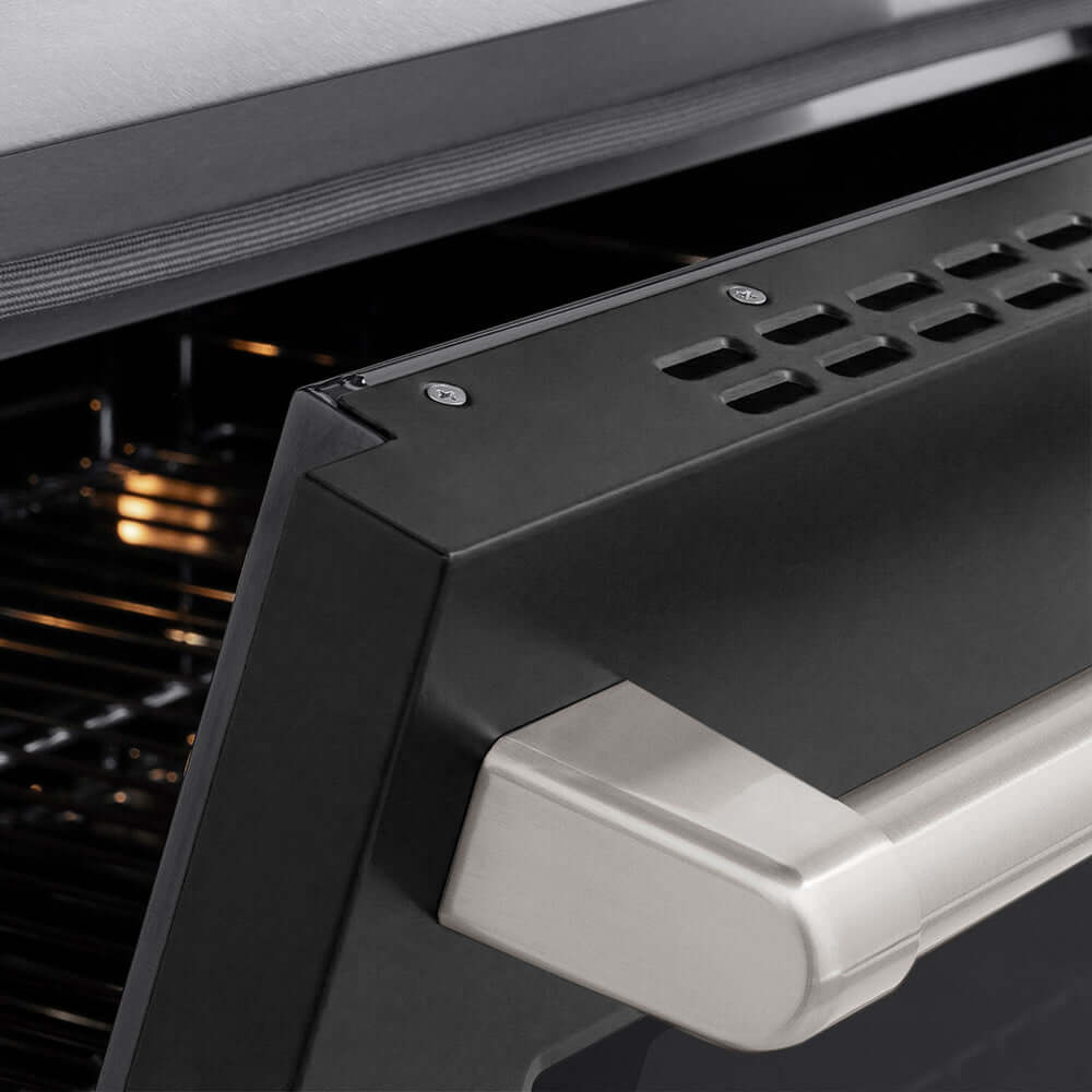 ZLINE 36 in. 5.2 cu. ft. Paramount Induction Range with 5 Element Cooktop and Electric Convection Oven in Satin Stainless Steel with Black Matte Door (SINRS-BLM-36) oven door slightly open showing handle detail.