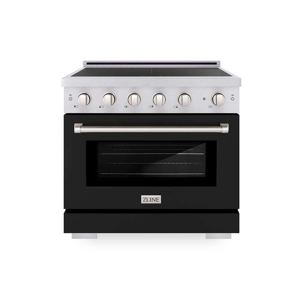 ZLINE 36 in. 5.2 cu. ft. Paramount Induction Range with 5 Element Cooktop and Electric Convection Oven in Satin Stainless Steel with Black Matte Door (SINRS-BLM-36) main image.